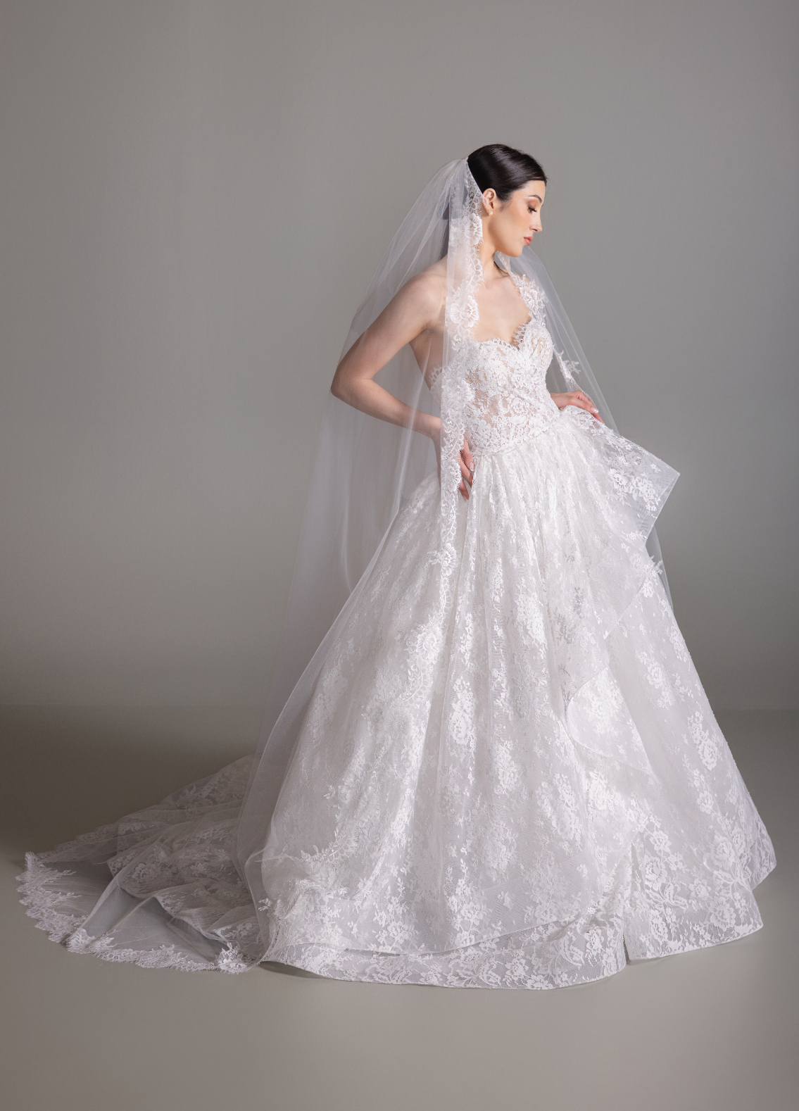 BENITA matching mantilla chapel length veil front view