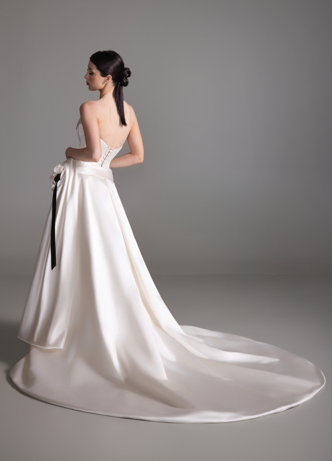 BETHANY bridal dress back view showcasing detachable chapel train