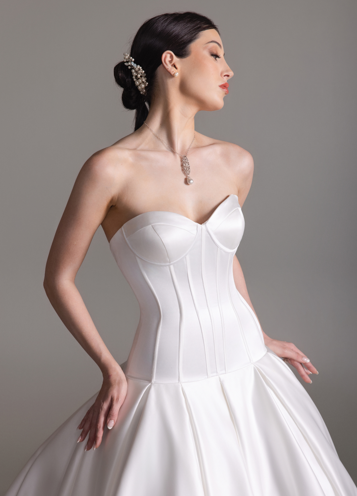 BLANCA wedding dress detail highlighting lace-up corset and sweetheart neckline