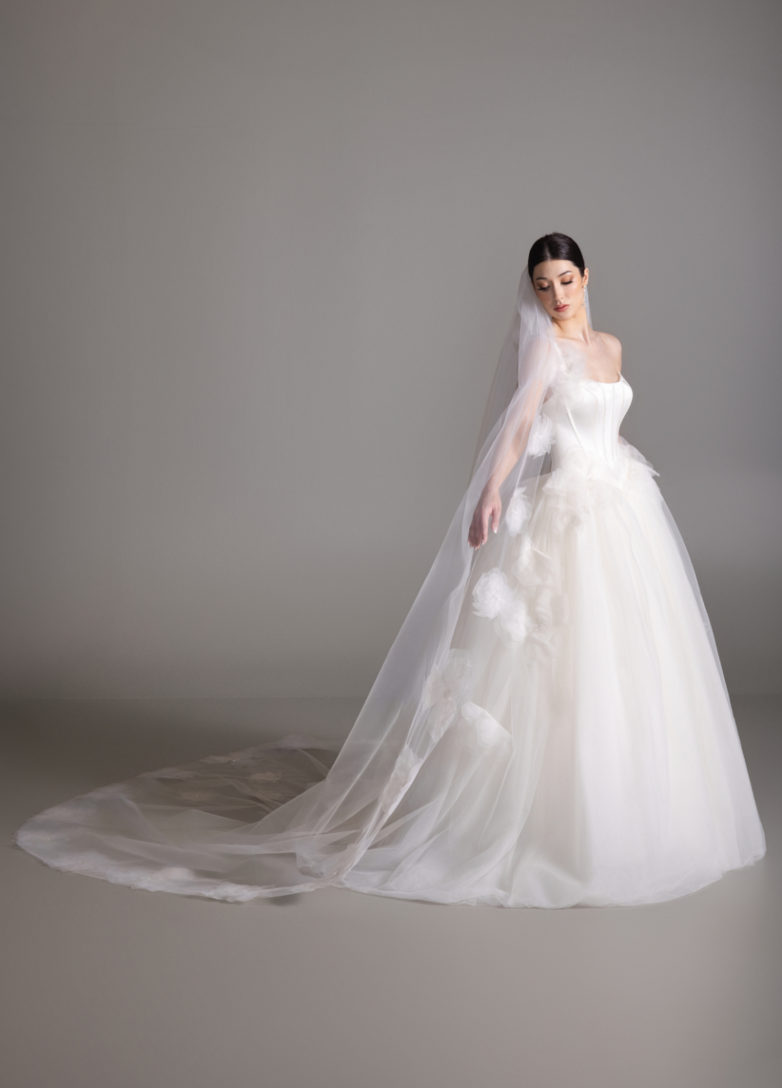 BRITTANY matching chapel length veil with floral organza applique