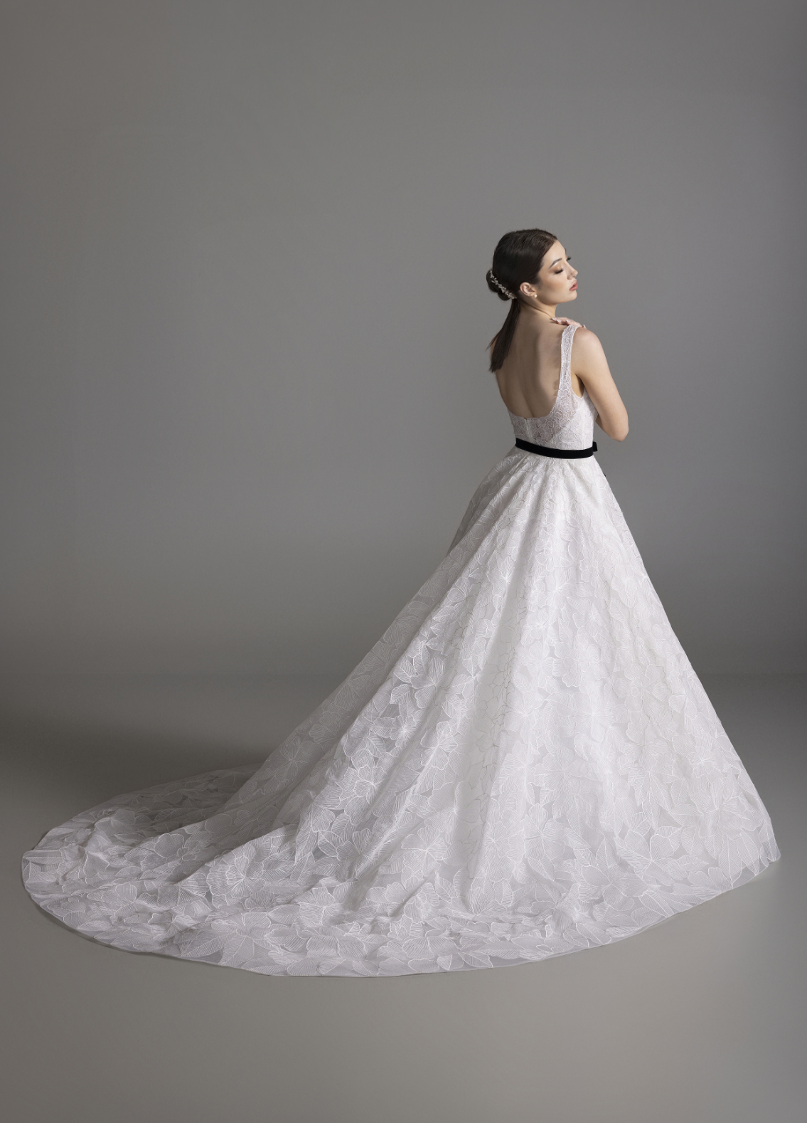 BROOKLYN bridal dress back view showcasing circular skirt and chapel train