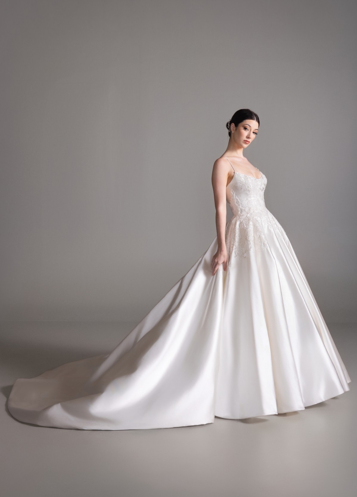 BECKETT ivory satin ball gown with natural waist and beaded floral applique