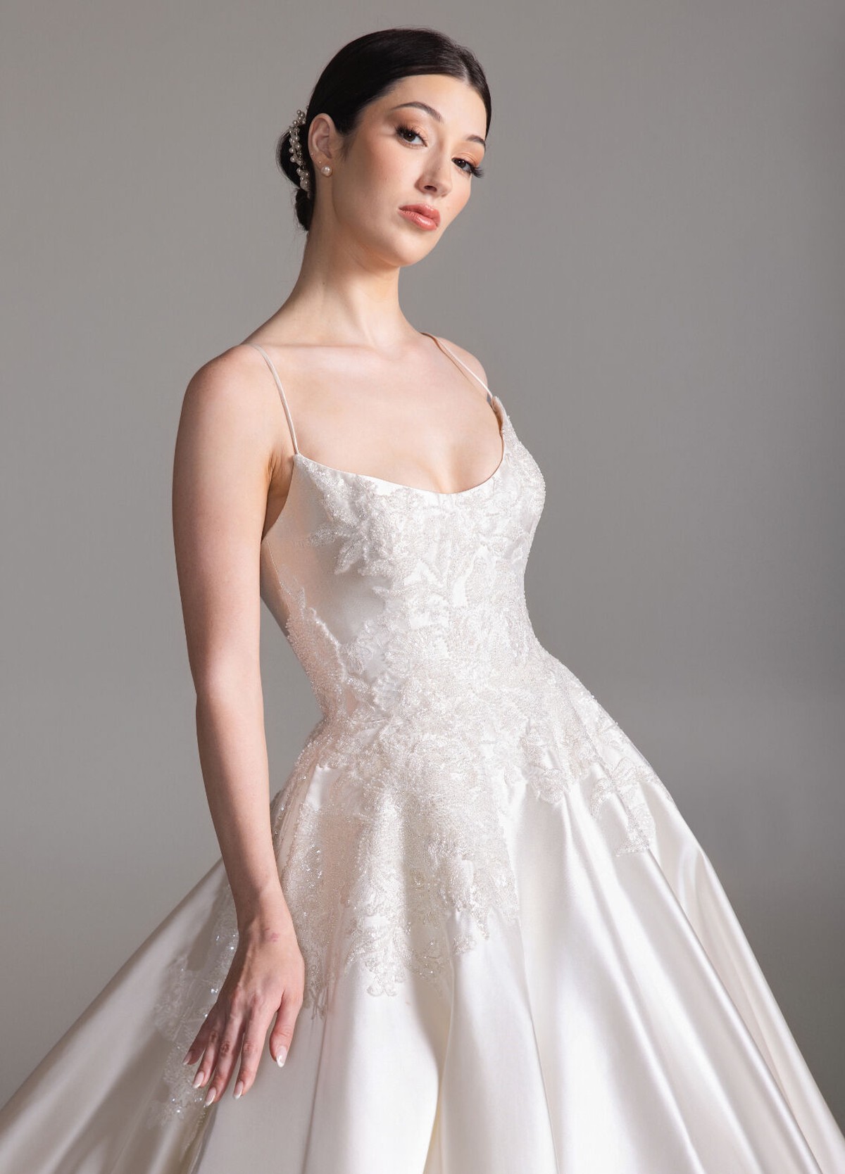 BECKETT wedding gown detail highlighting clean scoop neckline