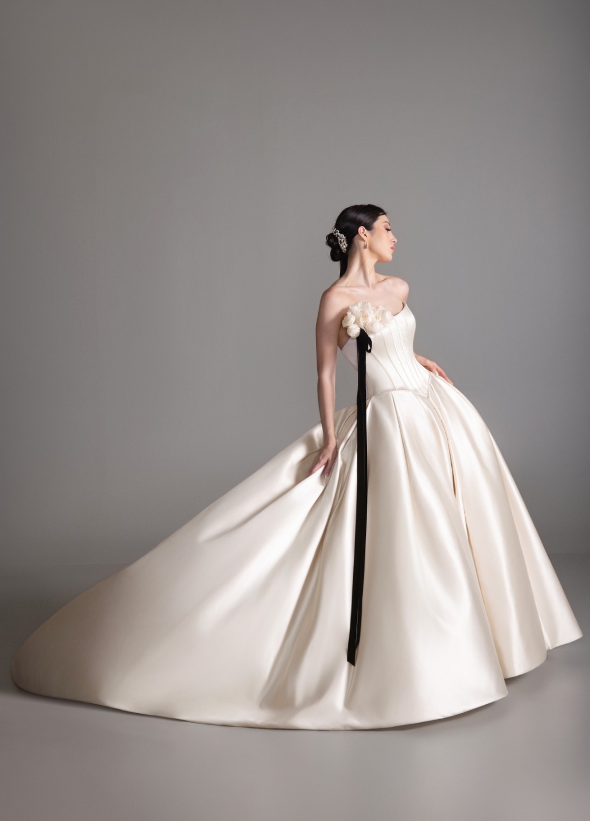 BEHATI ivory satin ball gown with natural waist and beaded floral applique