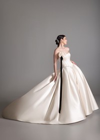 BEHATI ivory satin ball gown with natural waist and beaded floral applique