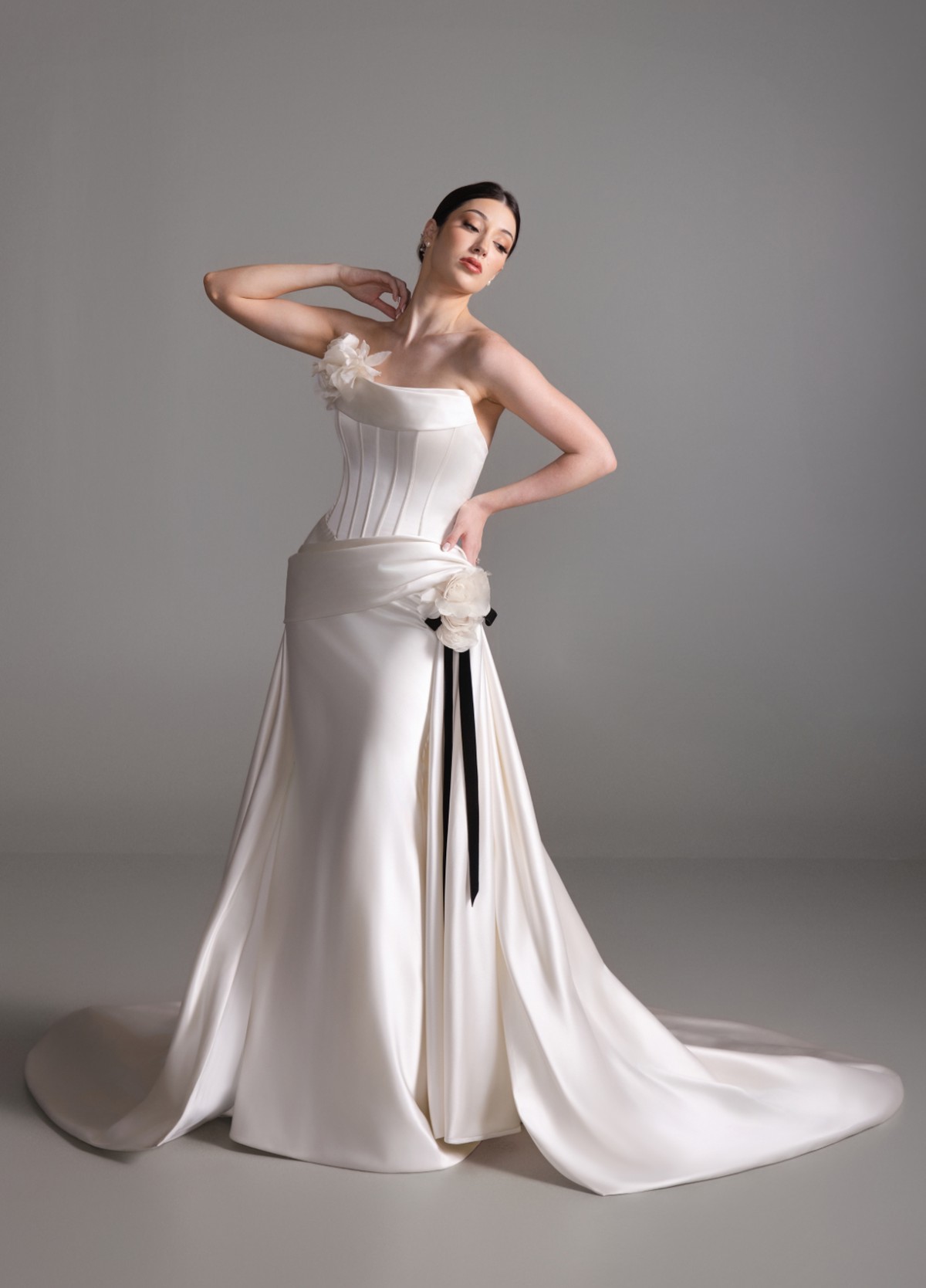 BETHANY ivory Lumiere satin trumpet gown with sculpted basque waist