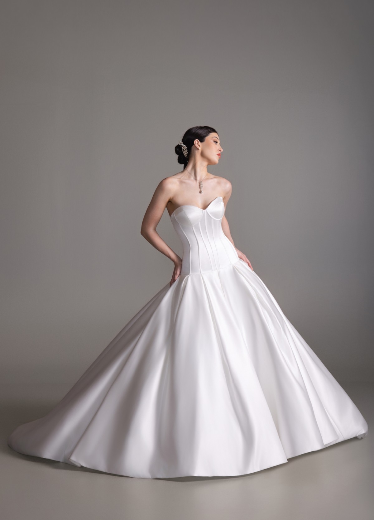 BLANCA diamond white duchess satin ball gown with dropped waist and panniers
