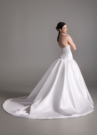 BLANCA bridal gown back view showcasing box-pleated skirt and chapel train
