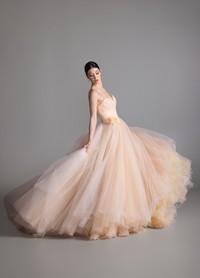 BLOOM bridal dress back view showcasing voluminous skirt and chapel train