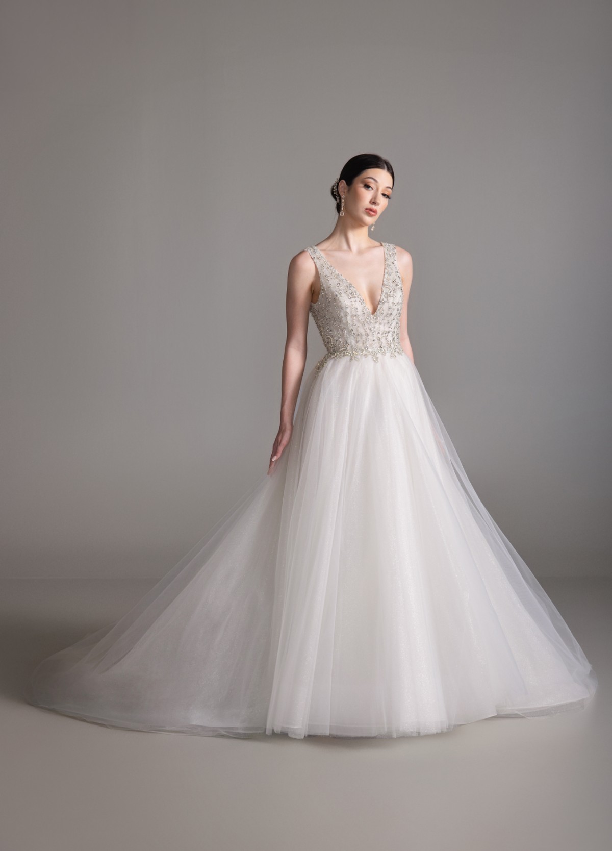 BRIAR diamond white shimmer tulle ball gown with jeweled bodice and opal crystals