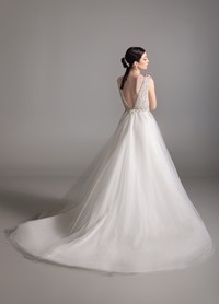BRIAR bridal dress back view showcasing circular skirt and chapel train