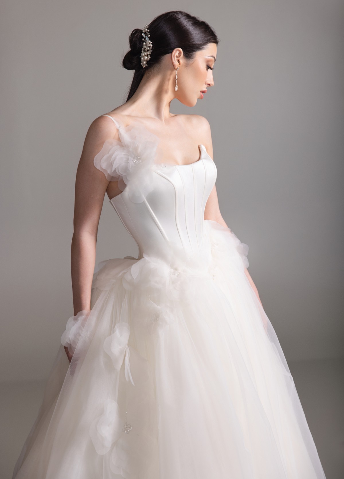 BRITTANY wedding gown detail highlighting satin lace-up corset bodice