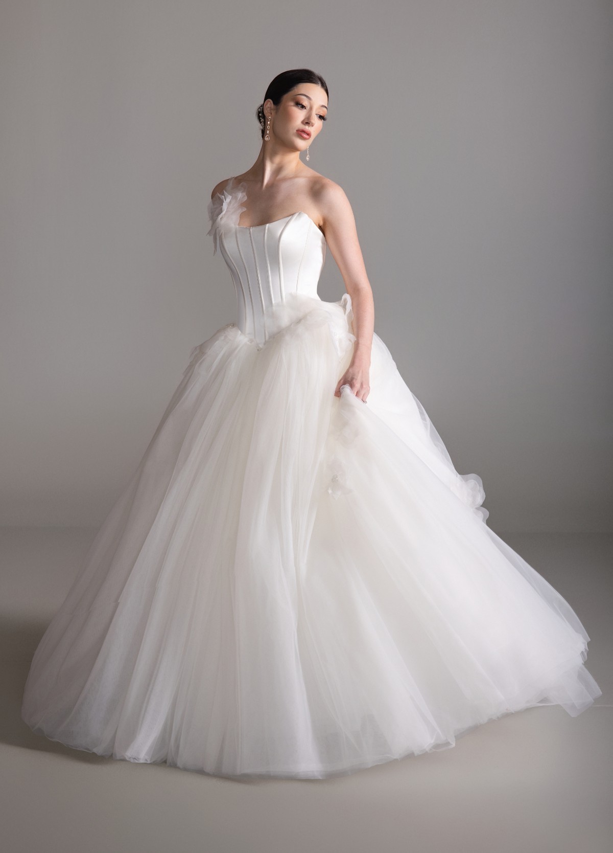 BRITTANY Diamond White tulle ball gown with sculpted basque waist and floral crystal appliques