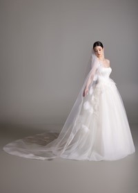BRITTANY matching chapel length veil with floral organza applique