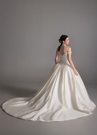 BRONTE bridal gown back view showcasing chapel train and off-shoulder neckline