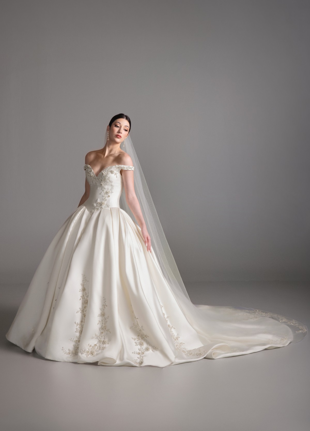 BRONTE matching ivory chapel length veil with floral beaded applique