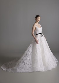BROOKLYN ivory floral-embroidered tulle ball gown with black velvet floral belt