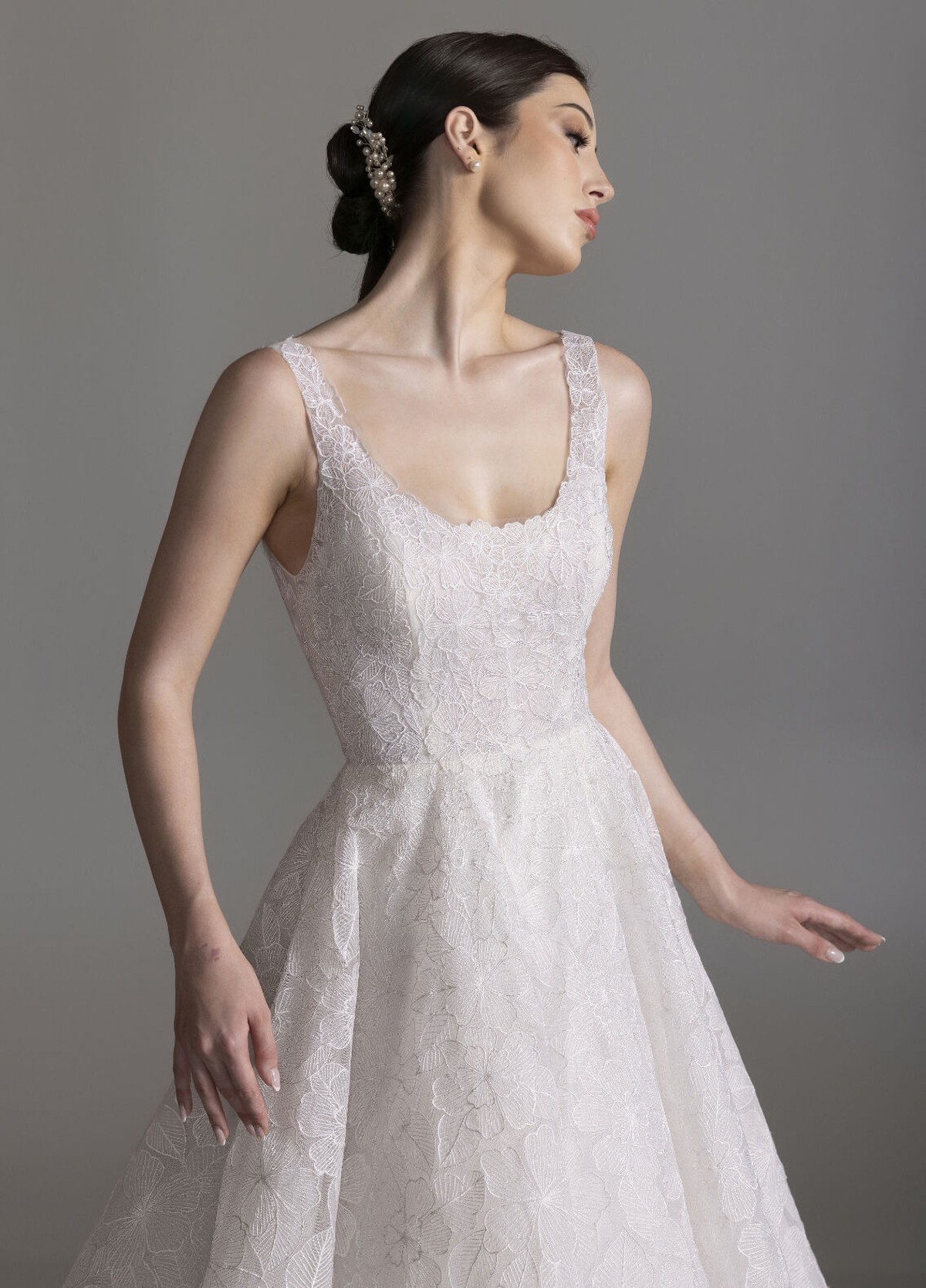 BROOKLYN wedding gown detail highlighting clean scoop neckline