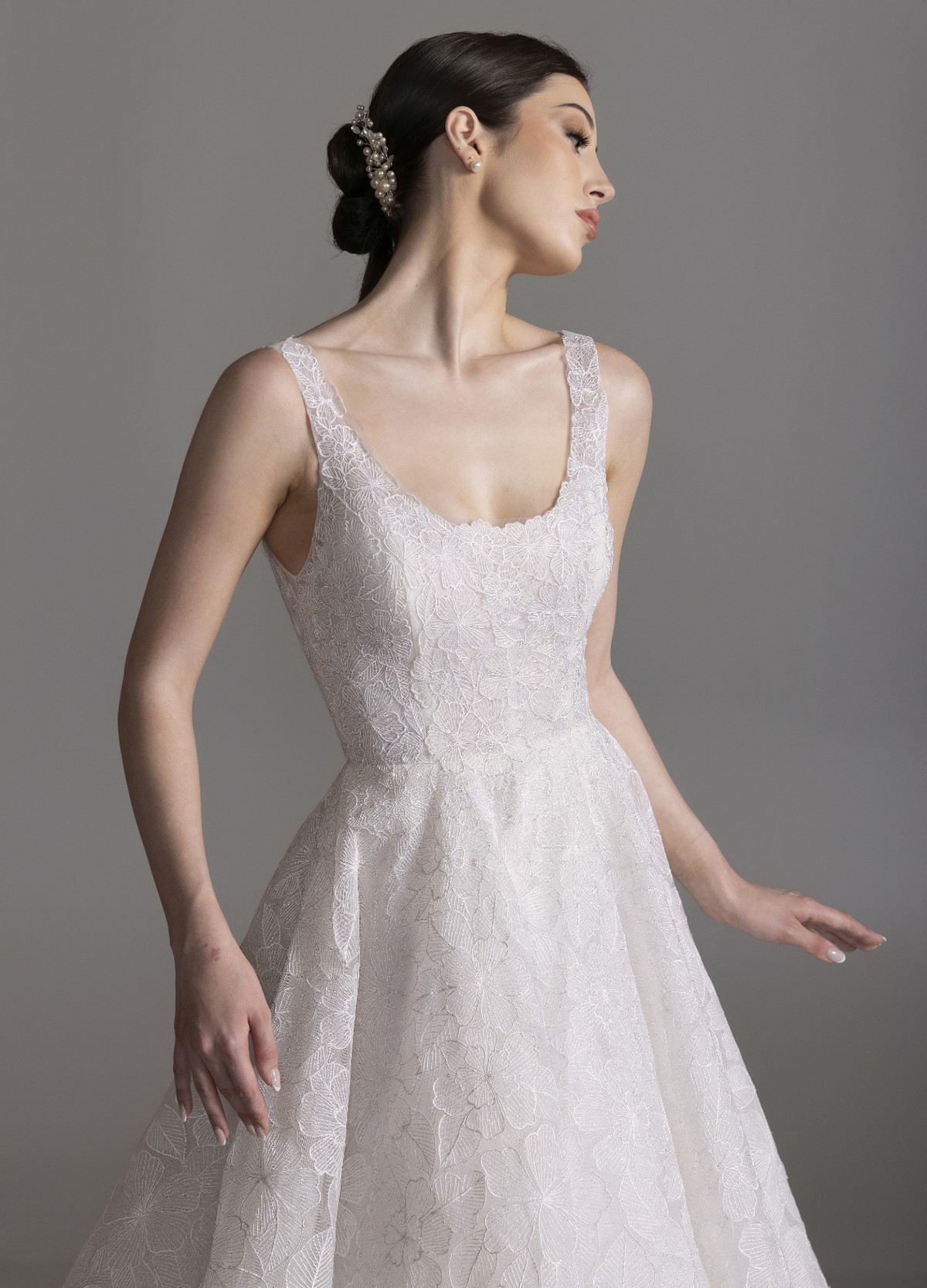 BROOKLYN wedding gown detail highlighting clean scoop neckline