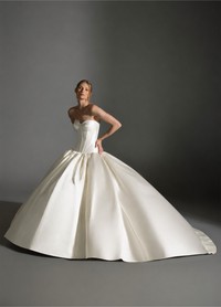 AKARI garnet silk satin ball gown with dramatic box-pleated skirt and panniers
