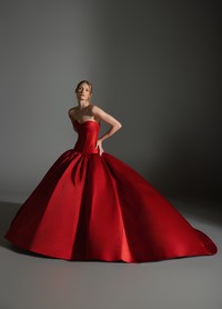 AKARI garnet silk satin ball gown with dramatic box-pleated skirt and panniers