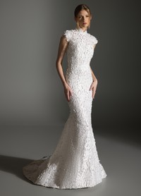 ALEX ivory trumpet wedding gown with laser-cut petal embroidery and mandarin collar