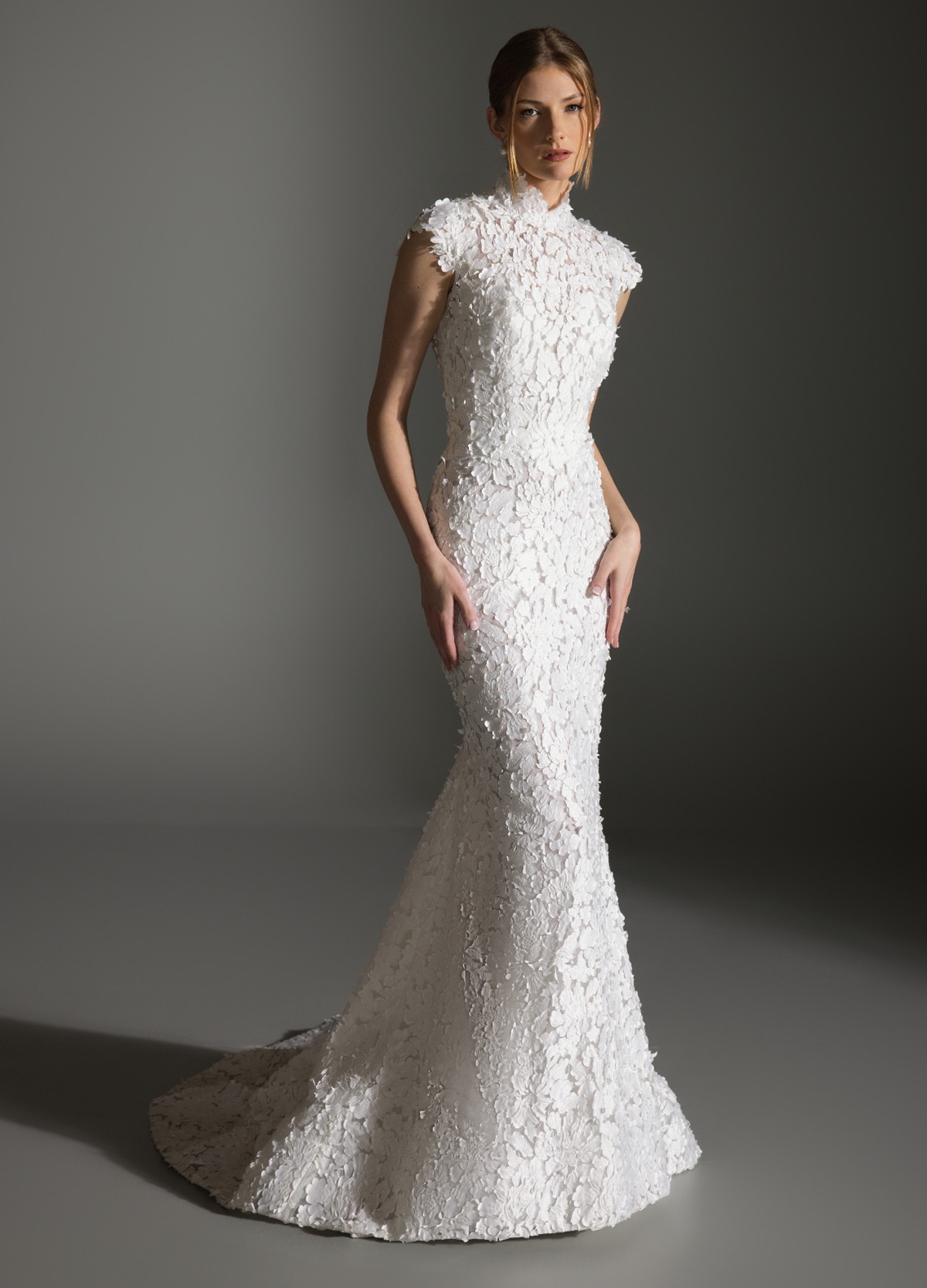 ALEX ivory trumpet wedding gown with laser-cut petal embroidery and mandarin collar