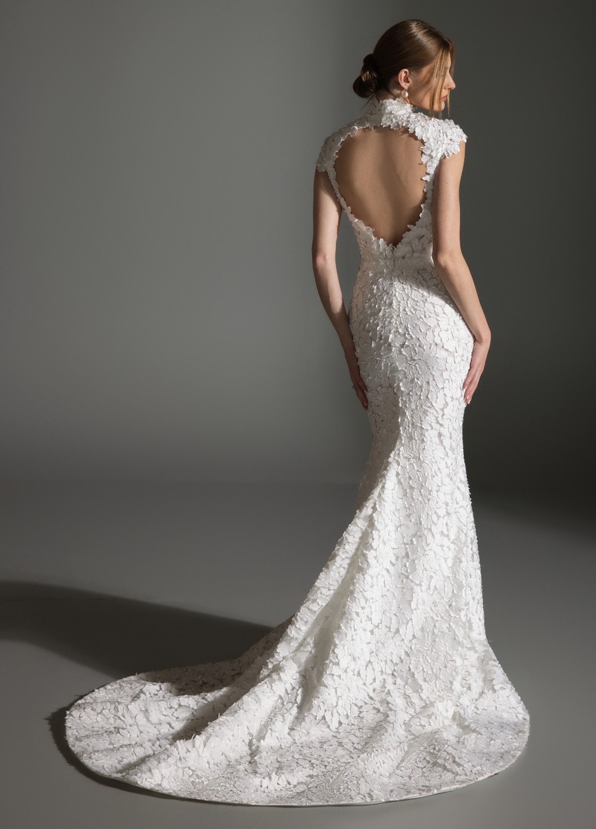 ALEX bridal gown back view featuring elegant keyhole detail and chapel train