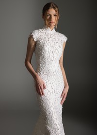 ALEX dress close-up showcasing intricate petal embroidery and cap sleeves detail