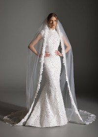 ALEX ivory trumpet wedding gown with laser-cut petal embroidery and mandarin collar