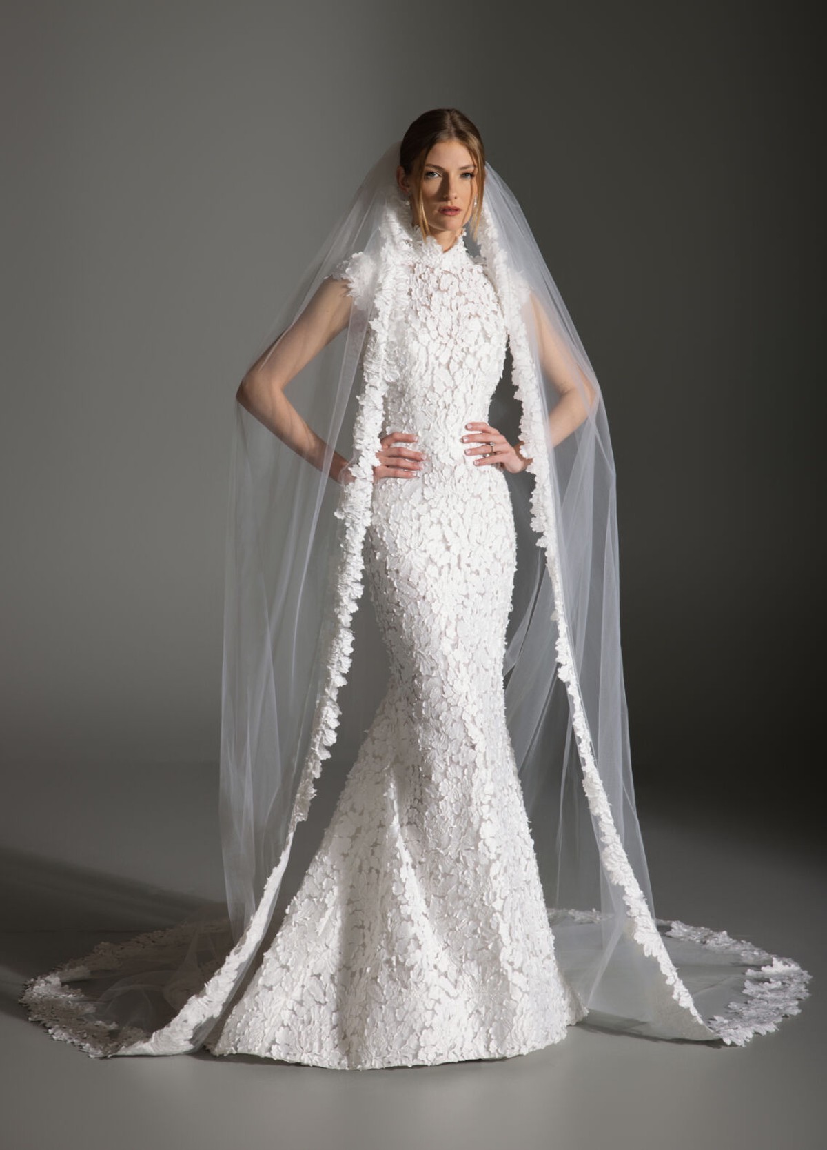 ALEX ivory trumpet wedding gown with laser-cut petal embroidery and mandarin collar