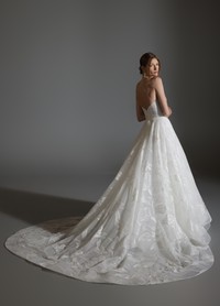 ALI bridal gown back view showcasing full circular skirt and chapel train elegance