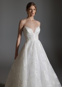 ALI wedding dress featuring sheer corset bodice highlighting floral embroidery detail