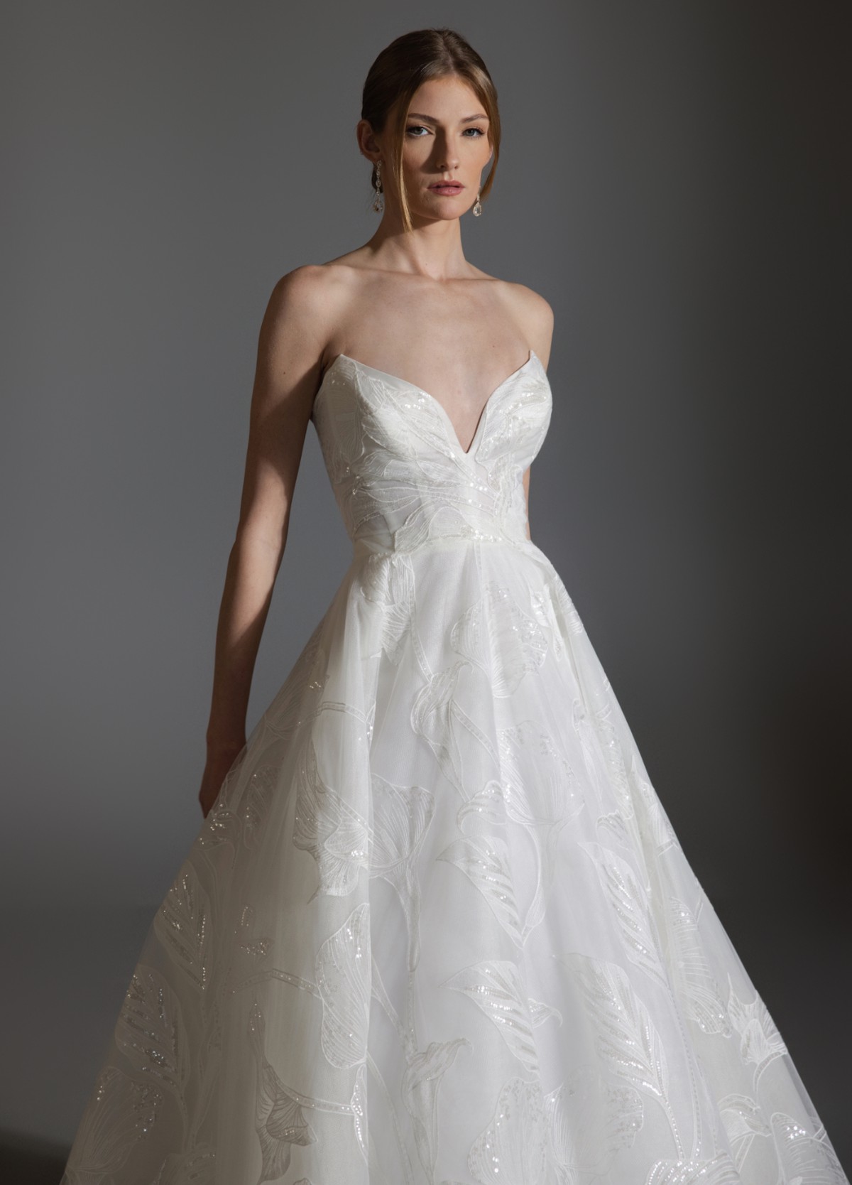 ALI wedding dress featuring sheer corset bodice highlighting floral embroidery detail