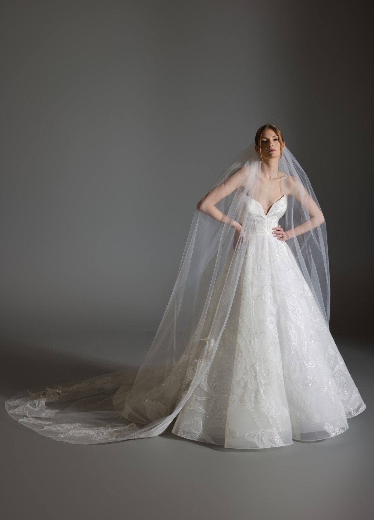 ALI bridal veil front view with delicate floral embroidered edge detail