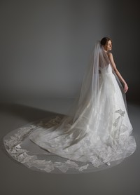 ALI bridal veil back view showcasing elegant length and botanical lace trim
