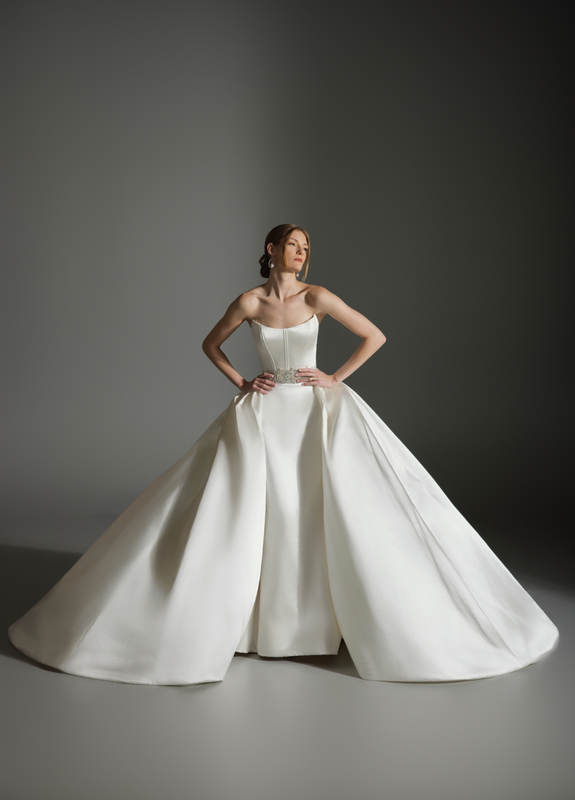 ALICIA dress highlighting ivory ribbon belt and jeweled appliqué at waist
