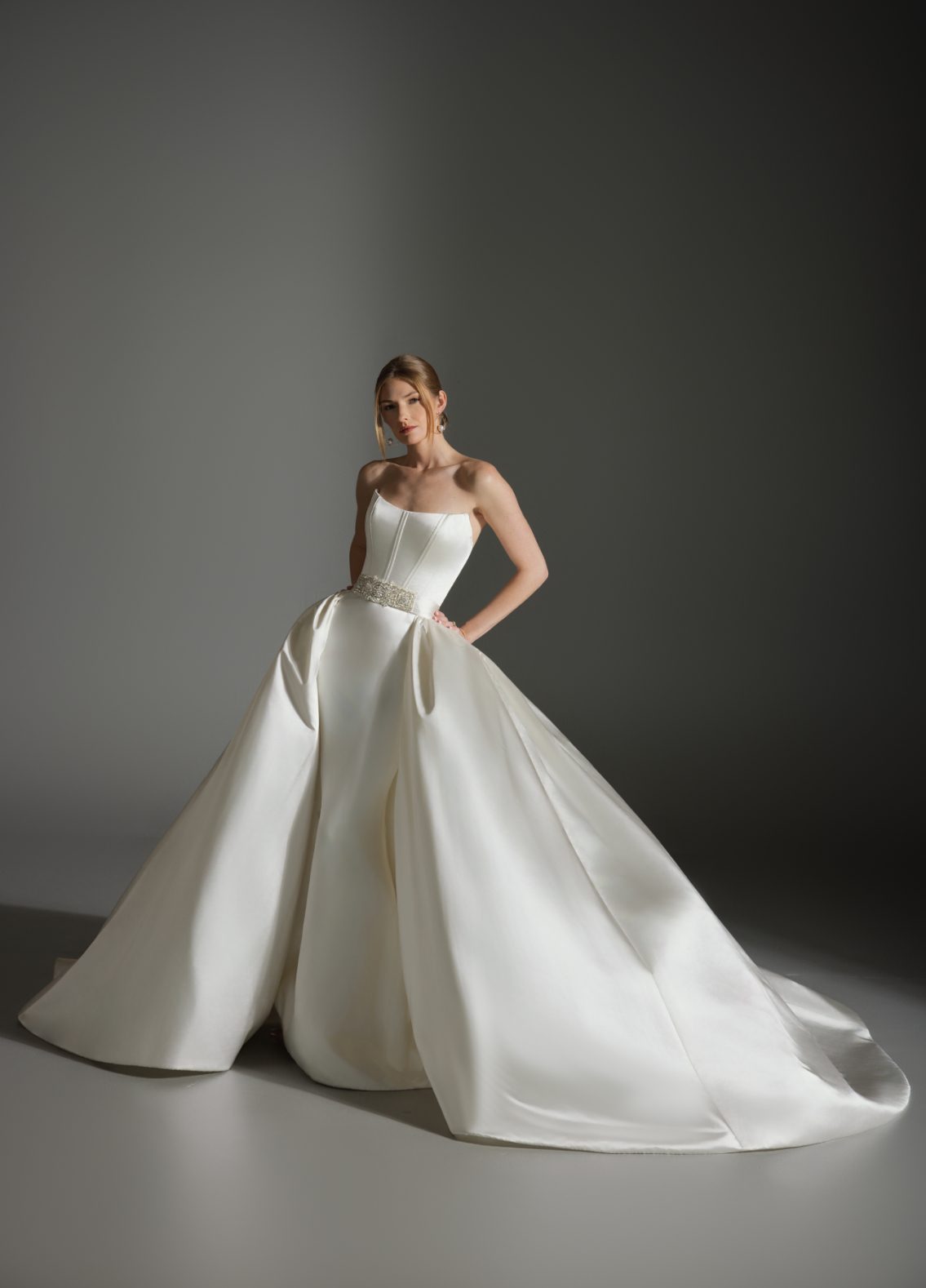 ALICIA ivory trumpet gown in silk satin with removable overskirt for drama