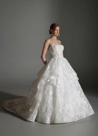 ANABEL ivory Alençon lace ball gown with sheer corset bodice and waterfall skirt