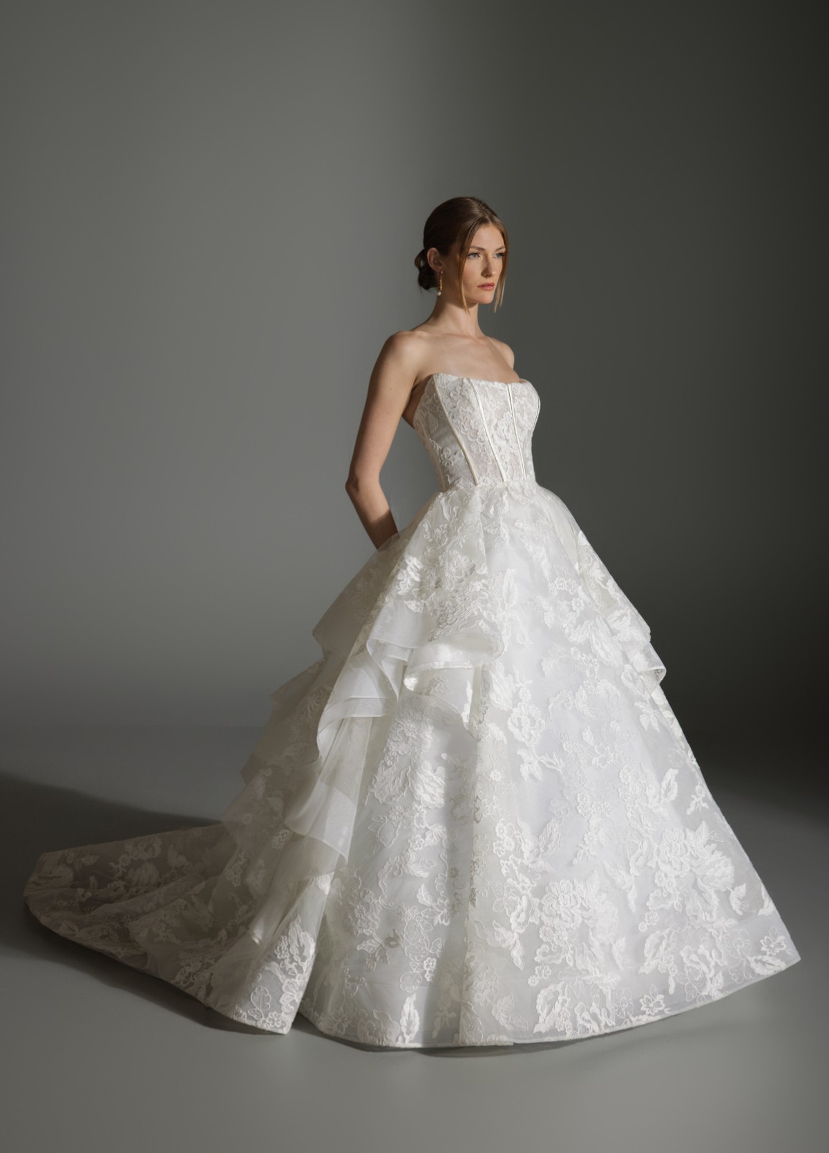 ANABEL ivory Alençon lace ball gown with sheer corset bodice and waterfall skirt