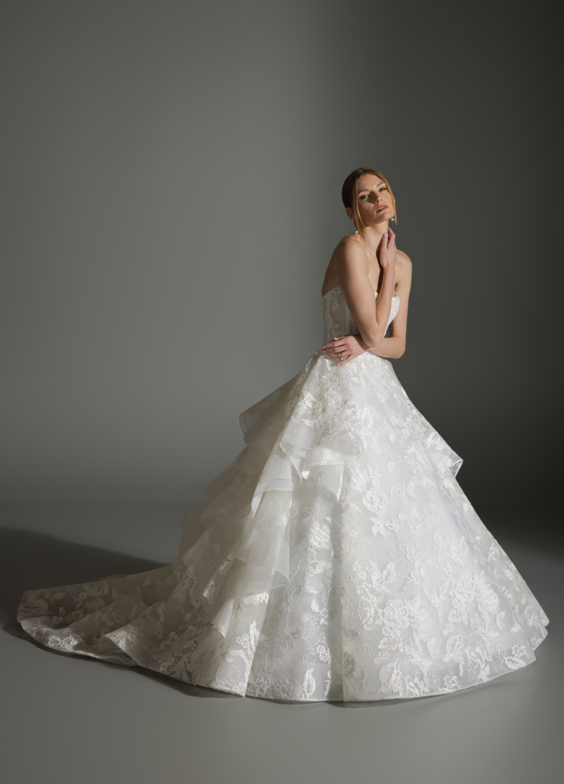 ANABEL gown with horsehair trim adding structure and movement to romantic skirt