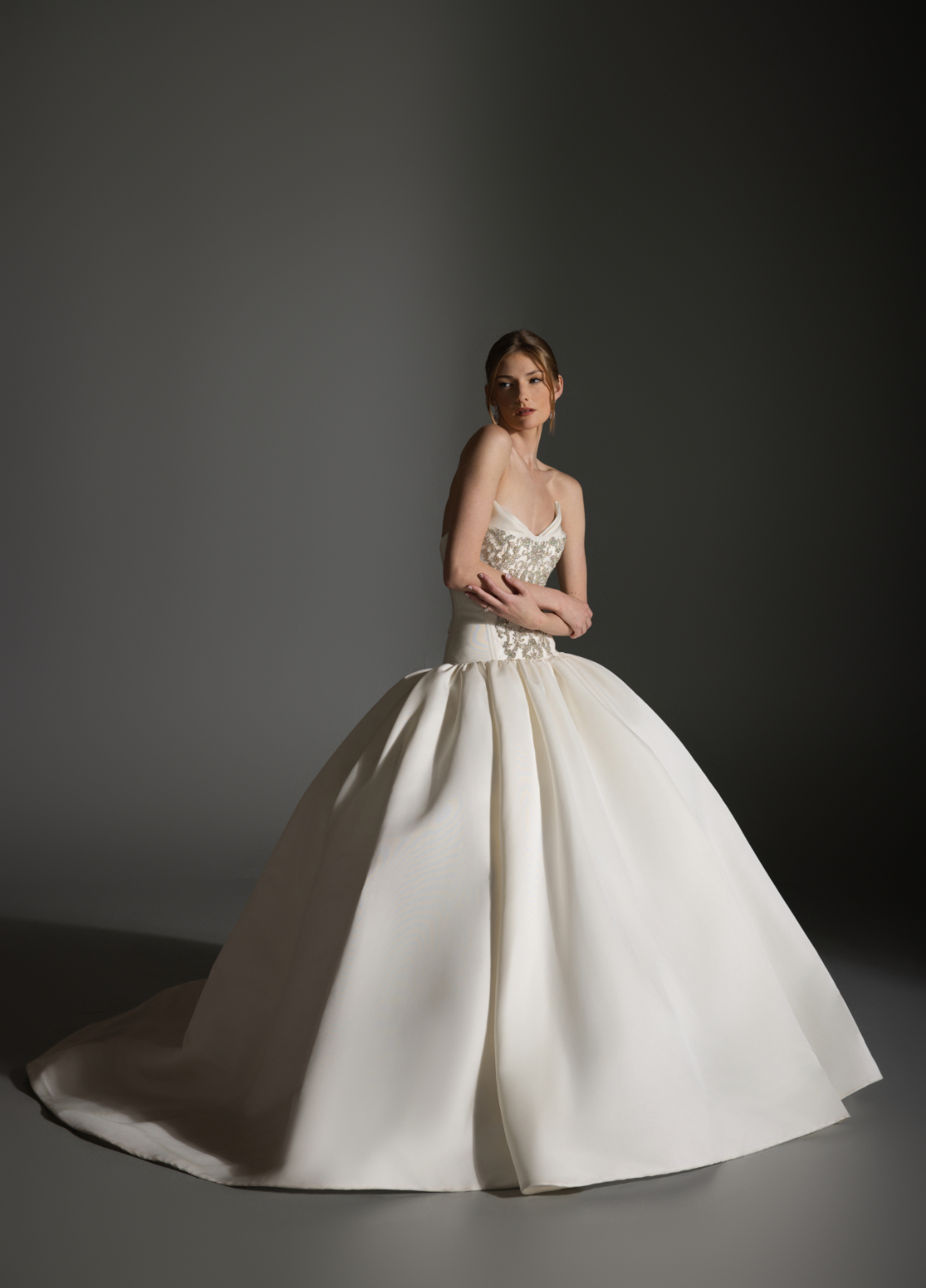 ANTONETTE ivory ball gown in satin faille with jeweled corset and sweetheart bow