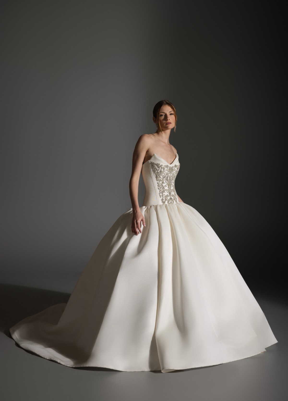 ANTONETTE dress detail of sweetheart bow neckline and jeweled bodice work