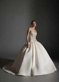 ANTONETTE dress detail of sweetheart bow neckline and jeweled bodice work