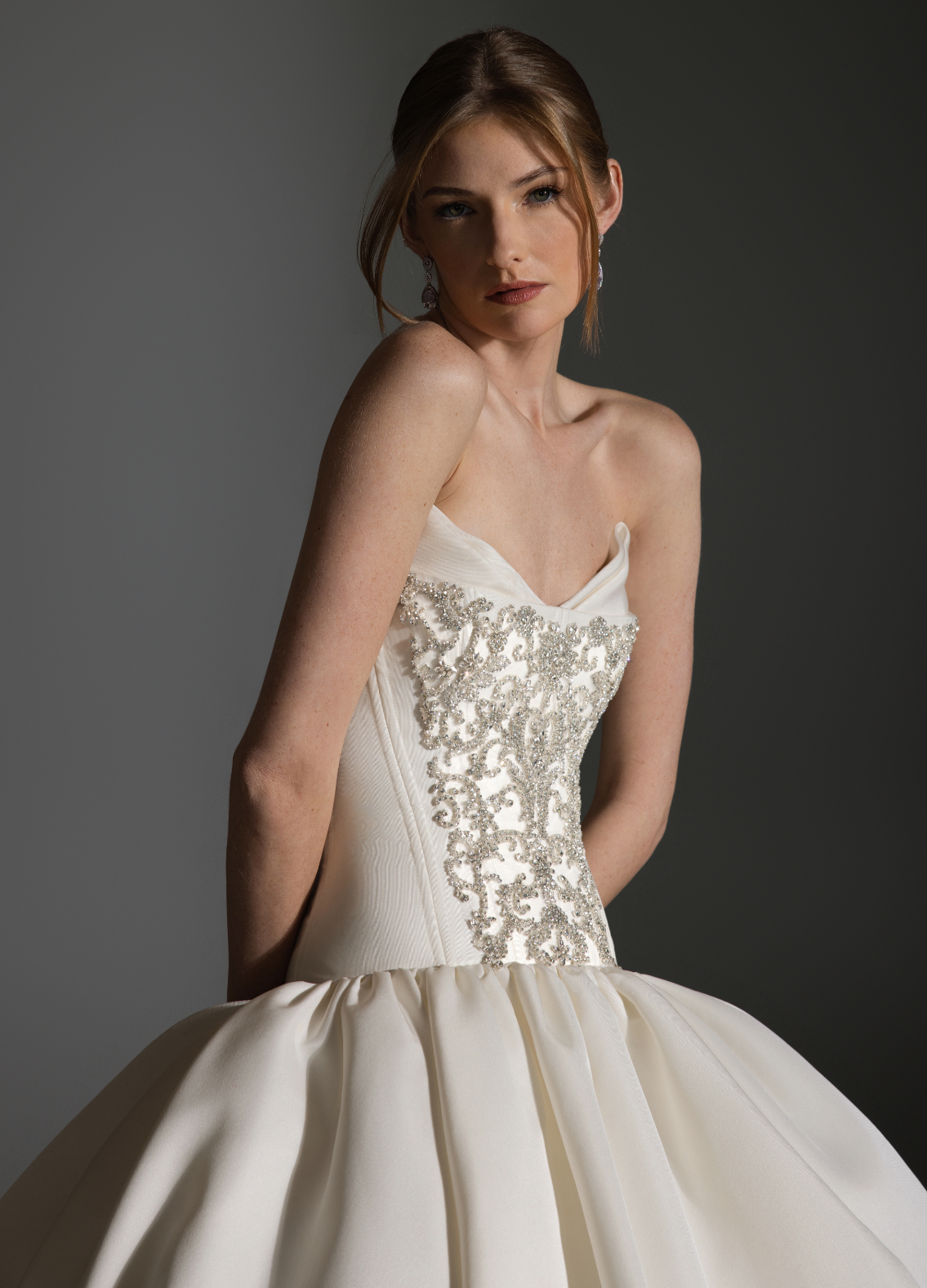 ANTONETTE bridal couture close-up featuring satin faille and crystal details