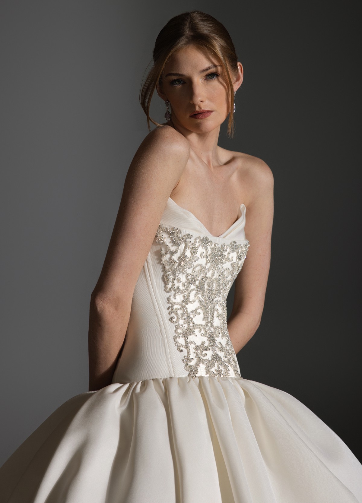 ANTONETTE bridal couture close-up featuring satin faille and crystal details