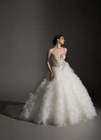 ANYA ivory ball gown in textured tulle with sculpted basque waist and tufted skirt