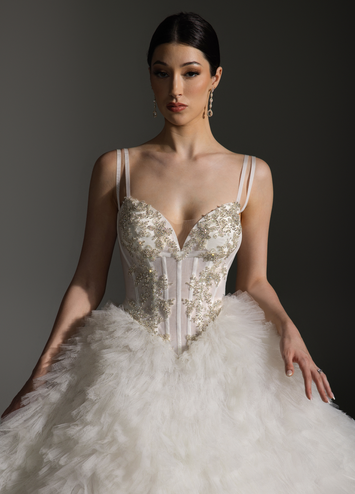 ANYA wedding gown featuring sheer corset bodice with sweetheart neckline and straps