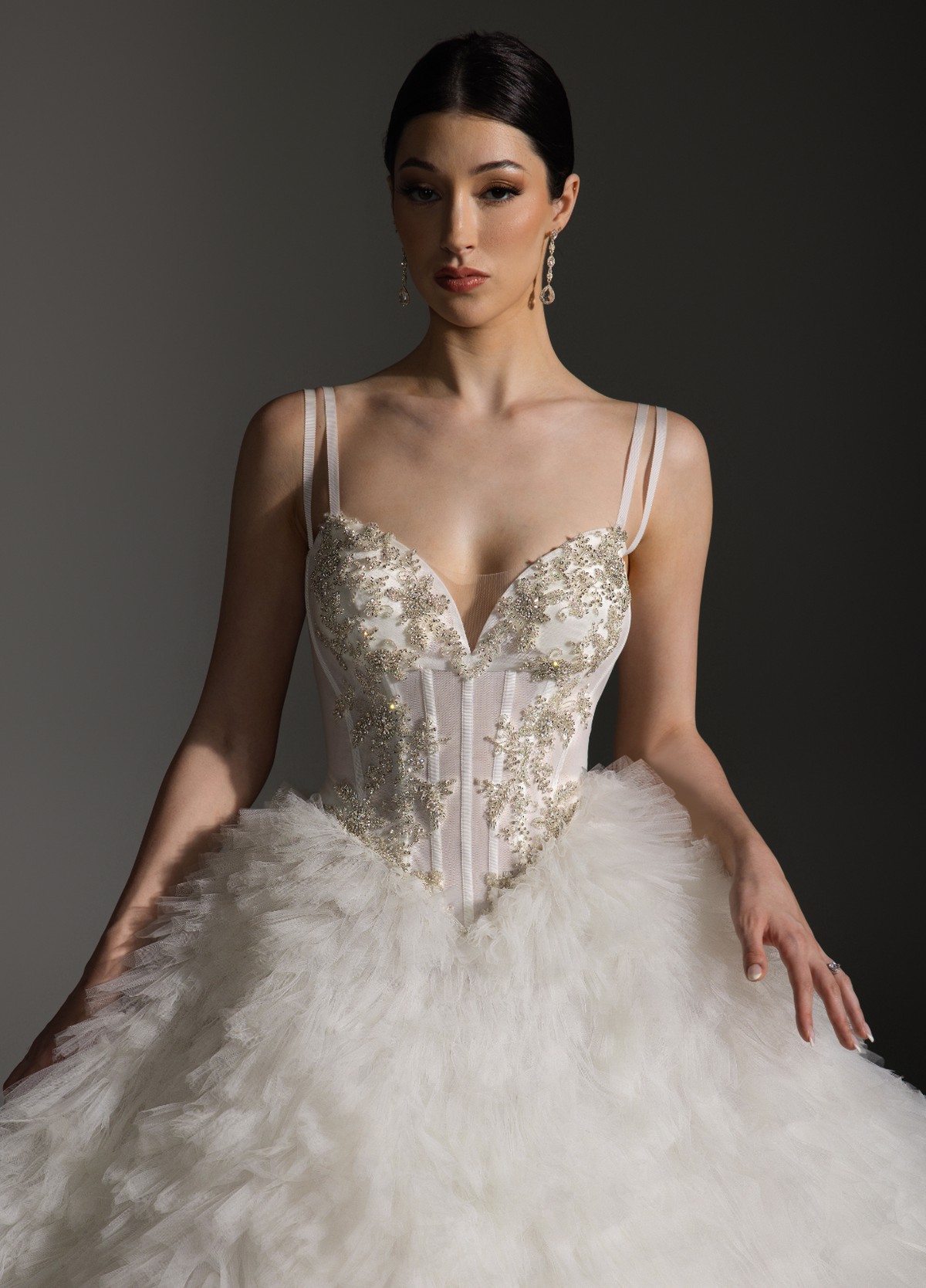 ANYA wedding gown featuring sheer corset bodice with sweetheart neckline and straps