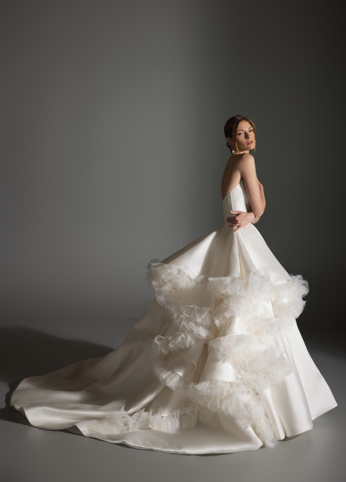 APRIL ivory Mikado ball gown with structured corset bodice and waterfall skirt